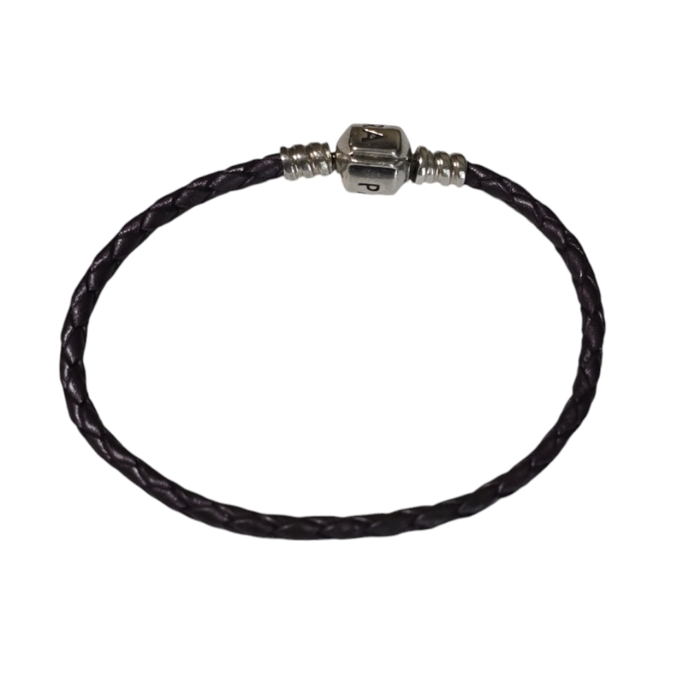 Pandora 7' braided leather and Sterling Silver bracelet purple antiqued silver